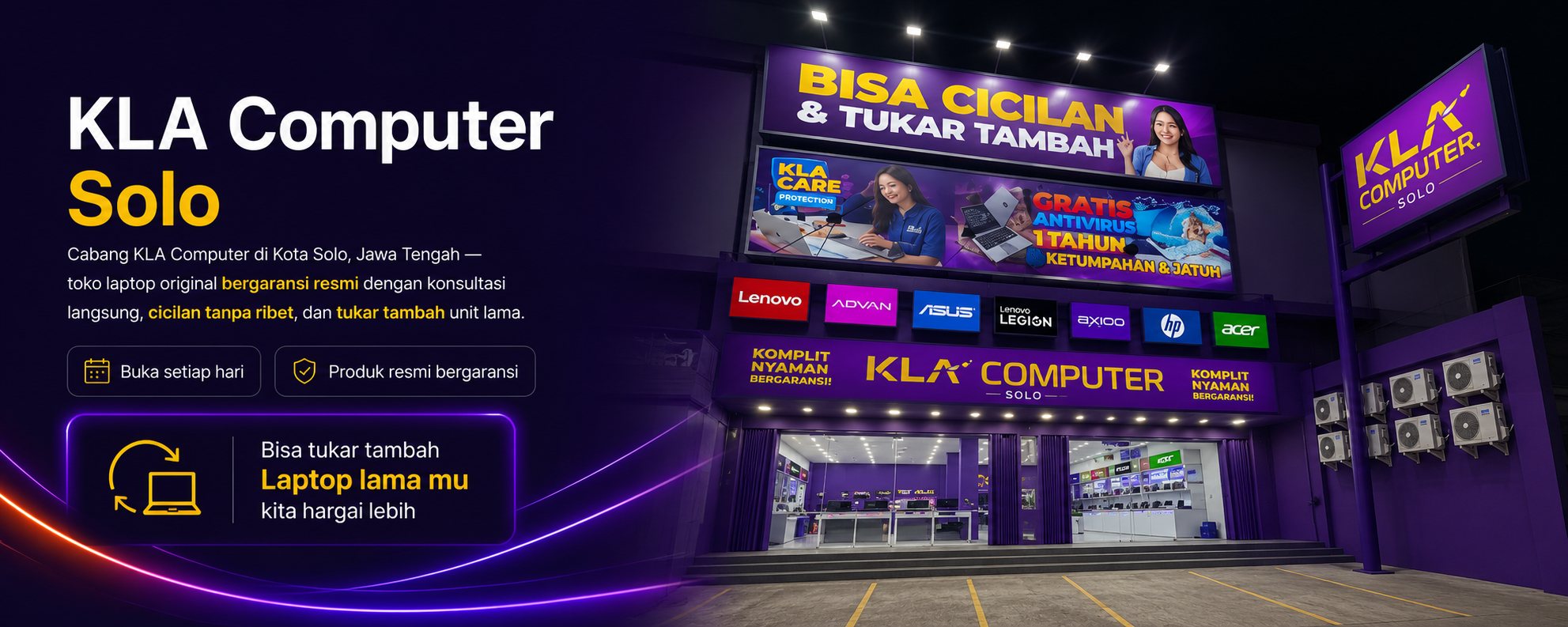 KLA Computer Solo &mdash; toko laptop original bergaransi resmi di Kota Surakarta, buka setiap hari. Bisa tukar tambah laptop lama.