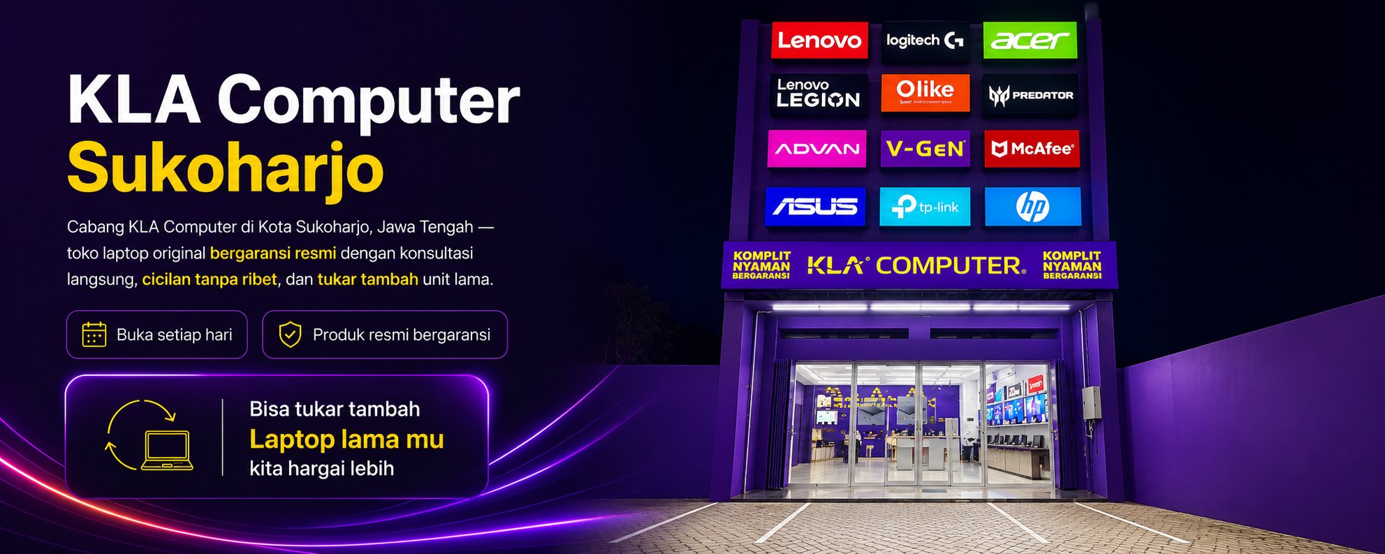 KLA Computer Sukoharjo &mdash; toko laptop original bergaransi resmi, buka setiap hari. Bisa tukar tambah laptop lama.