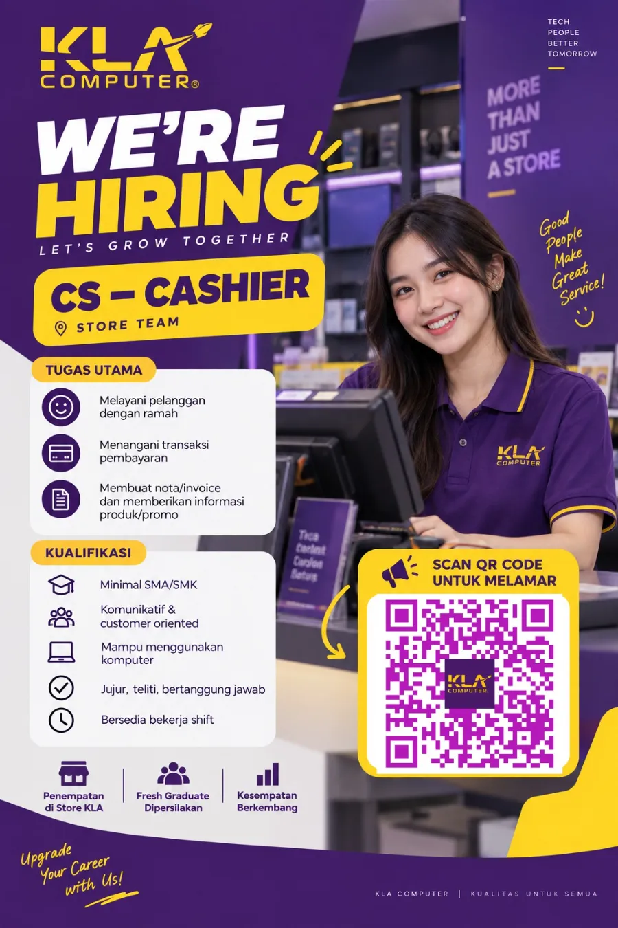 Poster lowongan CS Cashier KLA Computer - scan QR untuk melamar