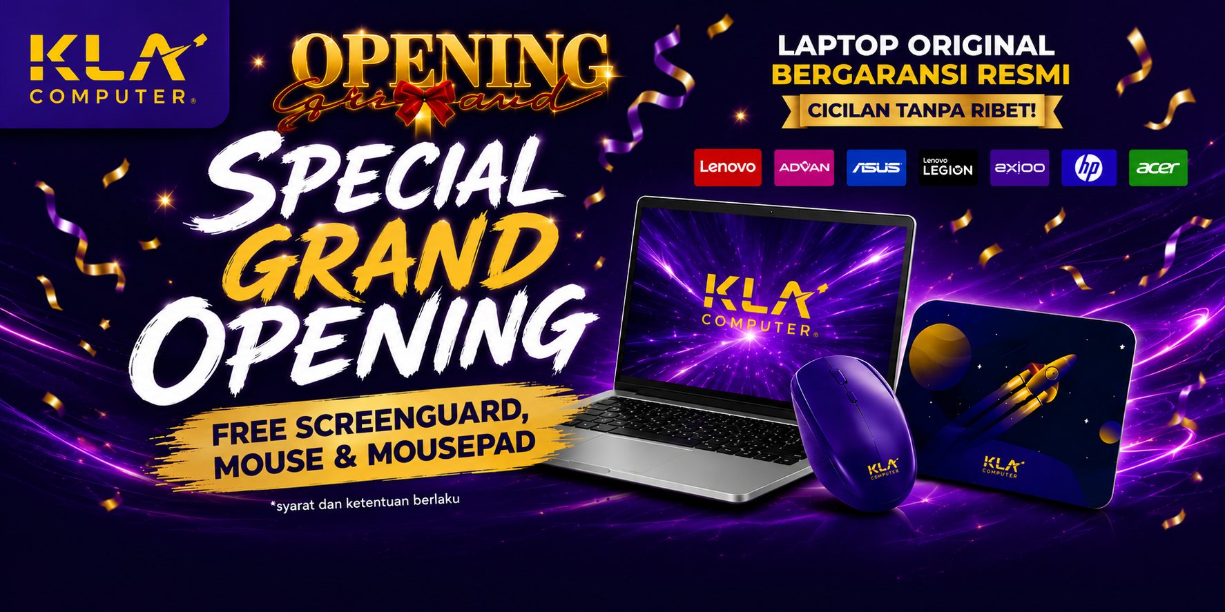 Promo Grand Opening KLA Computer Solo — gratis screenguard, mouse, dan mousepad untuk pembelian laptop. Syarat dan ketentuan berlaku.